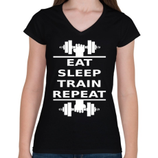 PRINTFASHION EATSLEEPTRAINREPEAT FEHÉR - Női V-nyakú póló - Fekete
