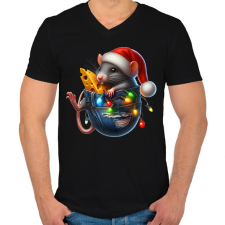 PRINTFASHION Egér zsebben - vicces karácsonyi kisegér mikulás sapkában - Férfi V-nyakú póló - Fekete férfi póló