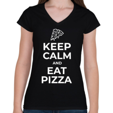 PRINTFASHION EGYÉL PIZZÁT - Női V-nyakú póló - Fekete