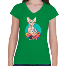PRINTFASHION Egyiptomi macska - Női V-nyakú póló - Zöld női póló