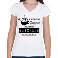 PRINTFASHION ÉJSZAKÁS MŰSZAK - Női V-nyakú póló - Fehér női póló