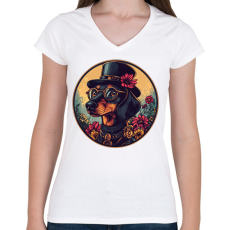 PRINTFASHION Elegáns Tacskó - Női V-nyakú póló - Fehér