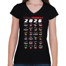 PRINTFASHION F1 2026 versenynaptár - Női V-nyakú póló - Fekete