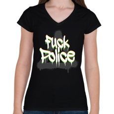 PRINTFASHION F*ck police - Női V-nyakú póló - Fekete