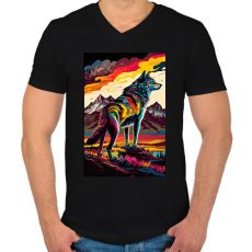 PRINTFASHION Farkas a hegyvidéken színes - Férfi V-nyakú póló - Fekete