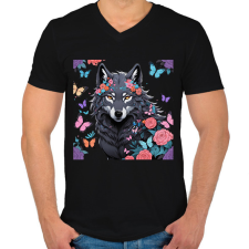 PRINTFASHION farkas pillangókkal és virágokkal - Férfi V-nyakú póló - Fekete férfi póló