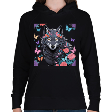 PRINTFASHION farkas pillangókkal és virágokkal - Női kapucnis pulóver - Fekete