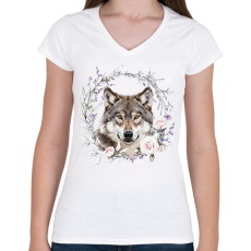 PRINTFASHION farkas virágokkal - Női V-nyakú póló - Fehér