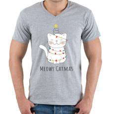 PRINTFASHION Fehér cica karácsonyi égőkkel - Férfi V-nyakú póló - Sport szürke