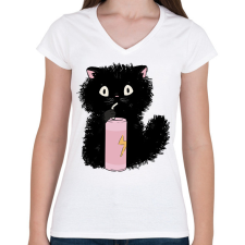 PRINTFASHION Fekete cica - Női V-nyakú póló - Fehér női póló