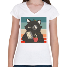 PRINTFASHION Fekete macska - Női V-nyakú póló - Fehér női póló