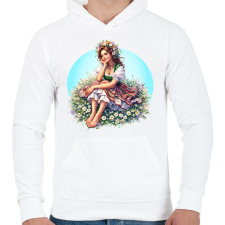 PRINTFASHION Fiatal lány népies ruhában a tavaszi réten - Férfi kapucnis pulóver - Fehér férfi pulóver, kardigán
