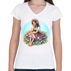 PRINTFASHION Fiatal lány népies ruhában a tavaszi réten - Női V-nyakú póló - Fehér