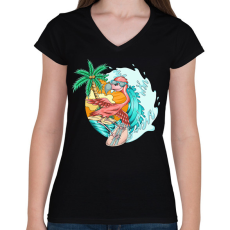 PRINTFASHION flamingo - Női V-nyakú póló - Fekete