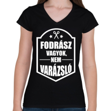 PRINTFASHION FODRÁSZ, NEM VARÁZSLÓ - Női V-nyakú póló - Fekete női póló