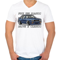 PRINTFASHION Fuck The Plastic Drive A Classic  - Férfi V-nyakú póló - Fehér