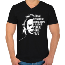 PRINTFASHION Funny Michael Myers Social Distancing - Férfi V-nyakú póló - Fekete férfi póló