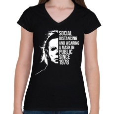 PRINTFASHION Funny Michael Myers Social Distancing - Női V-nyakú póló - Fekete