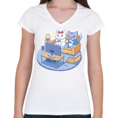 PRINTFASHION Gamer cica pár - Női V-nyakú póló - Fehér