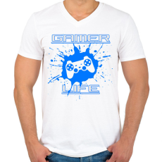 PRINTFASHION GAMER LIFE - Férfi V-nyakú póló - Fehér