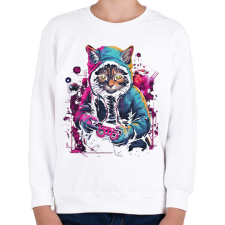 PRINTFASHION Gamer macska - Gyerek pulóver - Fehér gyerek pulóver, kardigán