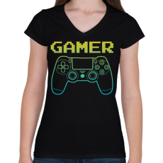 PRINTFASHION GAMER  - Női V-nyakú póló - Fekete