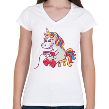 PRINTFASHION Gamer unikornis - Női V-nyakú póló - Fehér női póló