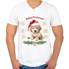 PRINTFASHION Golden retriever karácsony - Férfi V-nyakú póló - Fehér férfi póló
