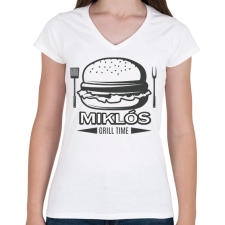 PRINTFASHION Grill time - Névvel - Női V-nyakú póló - Fehér női póló