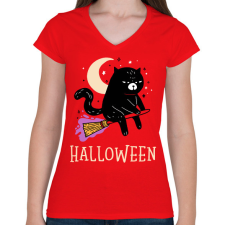 PRINTFASHION Halloween cat - Női V-nyakú póló - Piros női póló
