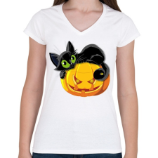 PRINTFASHION Halloween cica - Női V-nyakú póló - Fehér női póló
