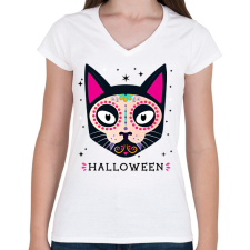 PRINTFASHION HALLOWEEN MACSKA - Női V-nyakú póló - Fehér női póló