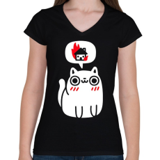 PRINTFASHION Halloween macska - Női V-nyakú póló - Fekete
