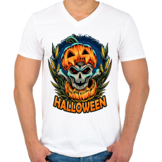PRINTFASHION Halloween tökös koponya csontváz - Férfi V-nyakú póló - Fehér
