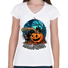 PRINTFASHION Halloween tökös minta - Női V-nyakú póló - Fehér