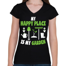 PRINTFASHION Happy place - Női V-nyakú póló - Fekete női póló