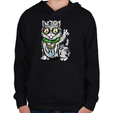 PRINTFASHION Hippi macska - Gyerek kapucnis pulóver - Fekete gyerek pulóver, kardigán
