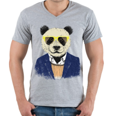 PRINTFASHION Hipster Panda - Férfi V-nyakú póló - Sport szürke