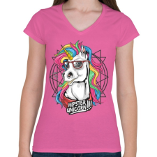 PRINTFASHION Hipszter unikornis - Női V-nyakú póló - Rózsaszín női póló
