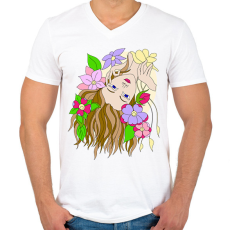 PRINTFASHION Hölgy virágokkal - Férfi V-nyakú póló - Fehér