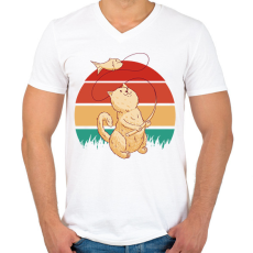 PRINTFASHION Horgász macska - Férfi V-nyakú póló - Fehér