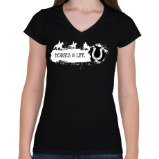 PRINTFASHION Horses are my life -  Fehér-fekete - Női V-nyakú póló - Fekete