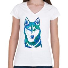 PRINTFASHION Husky - Női V-nyakú póló - Fehér