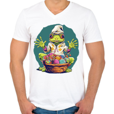 PRINTFASHION Húsvéti béka kosárnyi tojással - Férfi V-nyakú póló - Fehér férfi pulóver, kardigán