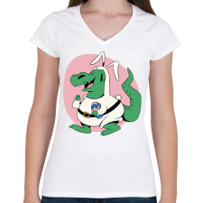 PRINTFASHION Húsvéti dínó - Női V-nyakú póló - Fehér női póló