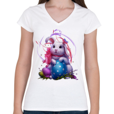PRINTFASHION húsvéti nyuszi - Női V-nyakú póló - Fehér női póló