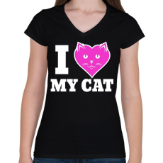 PRINTFASHION I Love My Cat - Női V-nyakú póló - Fekete
