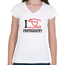PRINTFASHION I love photography (black) - Női V-nyakú póló - Fehér női póló