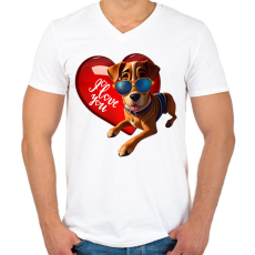 PRINTFASHION I Love You - szívecskés kutyás póló minta, ajándék ötlet Valentin napra - Férfi V-nyakú póló - Fehér