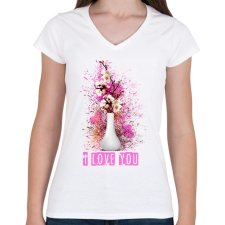 PRINTFASHION i love you virágos - Női V-nyakú póló - Fehér női póló